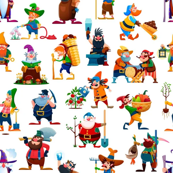 Cartoon Gnome Dwarf Characters Seamless Pattern Textile Vector Print Wallpaper — Stock Vector