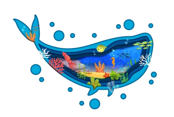 蓝鲸轮廓与海底剪纸景观 矢量海洋世界 卡通片中的珊瑚礁和海底纸浆层的海洋 热带海草中的鱼群 海星和乌贼 — 图库矢量图片