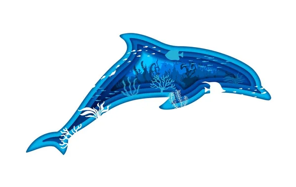 Dolphin Silhouette Sea Underwater Paper Cut Landscape Vector Frame Shape — Stock Vector