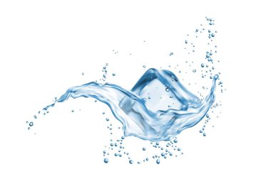 Water swirl splash and ice cube with splatters. Isolated 3d vector dynamic and captivating movement, energy, and the refreshing sensation of realistic transparent liquid and frozen aqua in motion clipart
