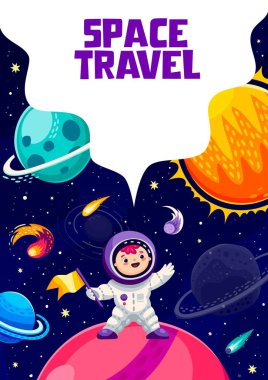 Çizgi film uzay yolculuğu posteri. Çizgi film çocuğu astronot uzay gezegeninin dış galaksisinde. Yabancı gezegen yüzeyinde bayrak taşıyan komik kozmonot, yıldızlar arası yolculukta Evren 'i keşfeder.