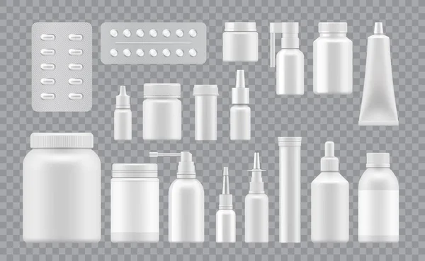 含维生素 化妆品 药丸或胶囊的药包 喷雾器 水泡或用于健康和健康的导管中基本营养物质和护肤产品的病媒现实模型 — 图库矢量图片