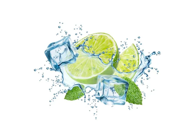 Mojito Πίνουν Κύμα Splash Ασβέστη Παγάκια Στροβιλίζονται Νερό Και Φύλλα — Διανυσματικό Αρχείο