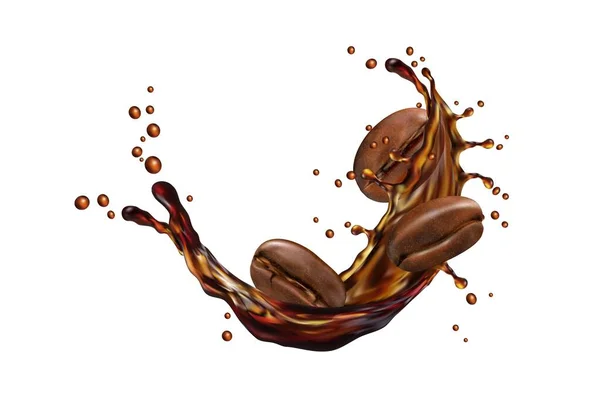 液体咖啡和豆子一起喝 分离的现实的3D载体能量棕色的飞溅与烘烤的谷物 捕捉了一个丰富和充满活力的香味饮料放纵的本质 — 图库矢量图片