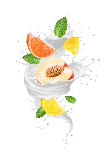 Bebida Leche Realista Remolino Ola Salpicadura Frutas Yogur Lácteo Vectorial — Vector de stock