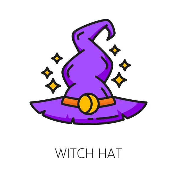 魔女の帽子魔女と魔法のアイコン 孤立ベクトル神秘的で魅惑的な紫色の線形キャップサイン 超自然的な力と呪文の魔術と魔術のシンボル 神秘的なオーラと — ストックベクタ