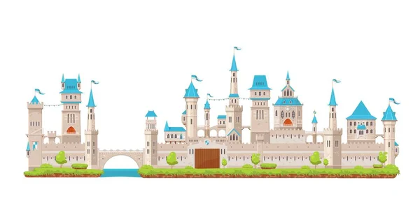 中世纪的城堡 骑士石堡 有大门 桥和旗帜 孤立的卡通矢量古建筑 中世纪建筑 幻想的魔法或童话般的皇家宫殿 — 图库矢量图片