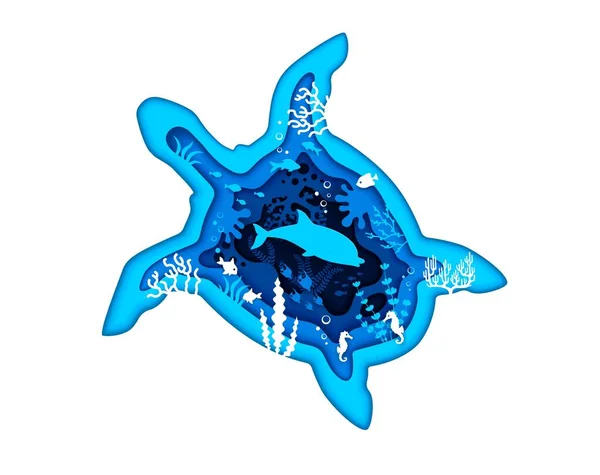 Blaue Schildkrötensilhouette Mit Geschnittener Landschaft Aus Meerespapier Meeresfauna Meeresnatur Oder — Stockvektor