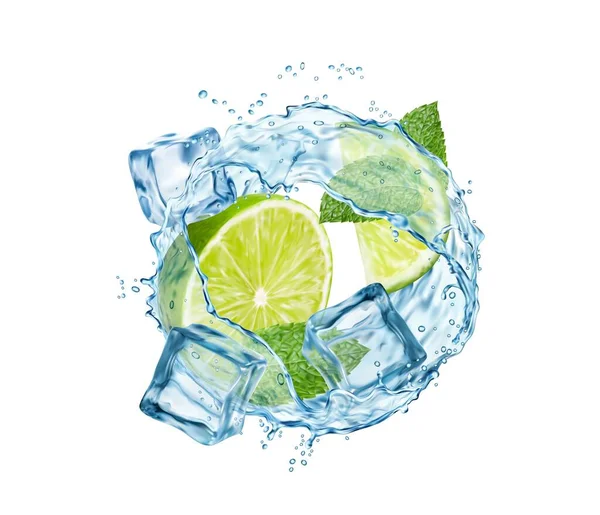 Mojito Limonade Drinken Wervel Het Water Met Kalk Bladeren Ijsblokjes — Stockvector