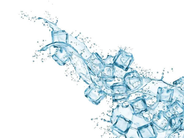 青い波がスプラッシュと氷の結晶キューブをカスケード ベクトル3D現実的な液体波 透明な落下アイスブロックと溶融液滴 ダイナミックな動きの中で新鮮な飲み物と冷凍氷の断片ストリーム — ストックベクタ