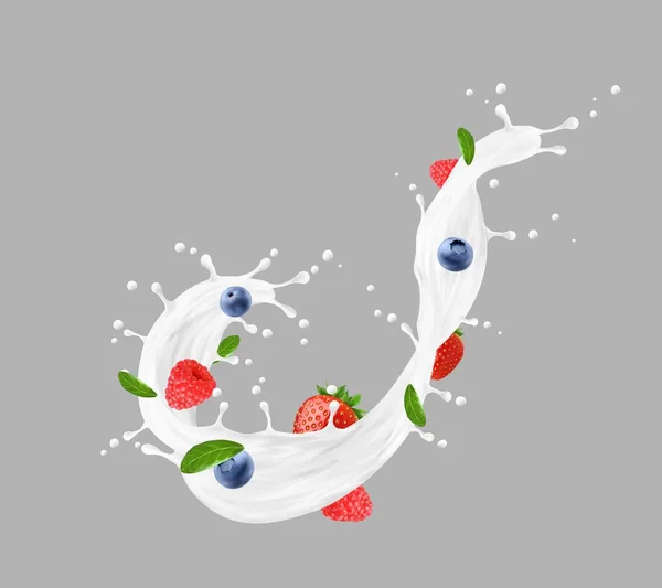 Realistic Milk Yoghurt Swirl Splash Berries Strawberry Blueberry Green Leaves — Stock Vector