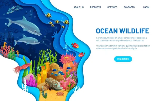 Kağıt Kesikli Iniş Sayfası Vector Web Pankartı Sualtı Dünyasının Okyanus — Stok Vektör