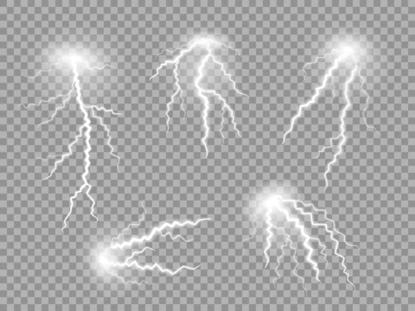 雷雨の雷効果 雷ボルト 電気火花 フラッシュストライキ エネルギーの強力なバーストで暗い空を照らす 現実的な電荷の隔離されたベクトルセット 畏敬の念を起こさせる爆発 — ストックベクタ