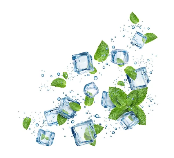 Καθαρό Νερό Παγάκια Φύλλα Δυόσμου Και Φυσαλίδες Μεμονωμένη Διανυσματική Μενθόλη — Διανυσματικό Αρχείο