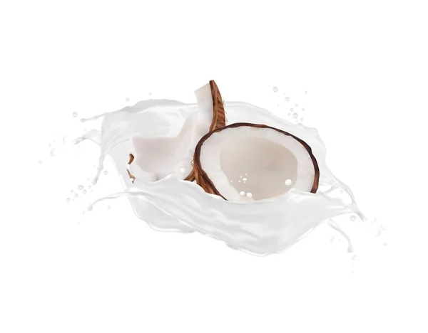 现实的白椰子牛奶饮料与漩涡飞溅 酸奶或奶昔溅出现实的矢量菲兹冻结运动 天然化妆品乳液或奶油分离的3D片椰子壳 — 图库矢量图片