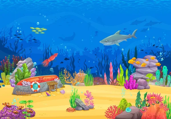 沈没ボート 魚の貝殻 海草などの水中漫画の風景は 明るい海洋生物でいっぱいの魅力的で冒険的な海のシーンを魅了します 気まぐれな世界とベクトルゲームレベルの背景 — ストックベクタ