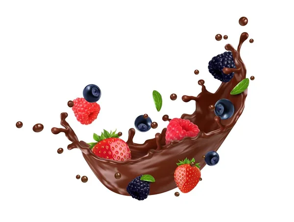 Realistic Chocolate Milk Drink Splash Berries Creating Tantalizing Isolated Vector — Stock Vector