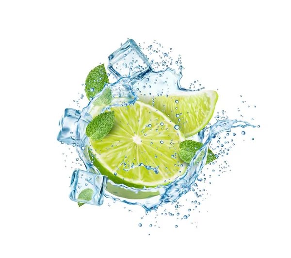 Mojito Ποτό Φύλλα Δυόσμου Ασβέστη Παγάκια Και Splash Vector Water — Διανυσματικό Αρχείο