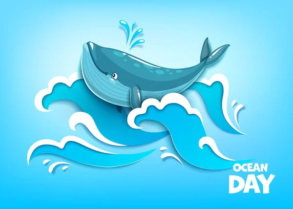 Día Mundial Los Océanos Ballena Papel Cortan Las Olas Del — Vector de stock