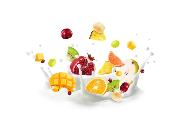 Realista Bebida Leche Corona Salpicadura Frutas Yogur Realista Vectorial Aislado — Vector de stock