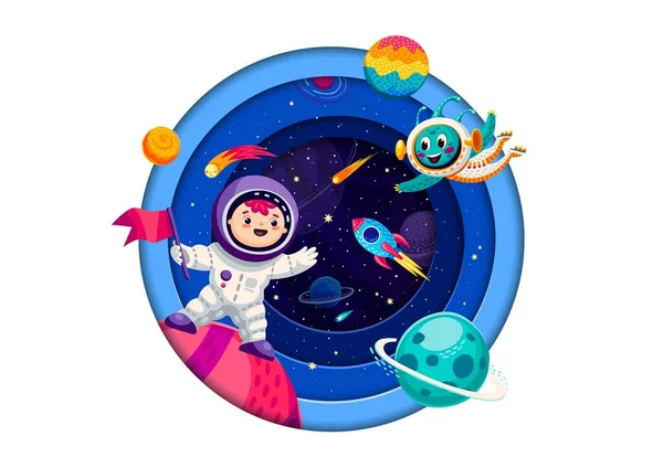 Kosmiczny Sztandar Kreskówkowym Dzieciakiem Astronautą Kosmitą Rakietą Galaktyką Gwiezdną Wektor — Wektor stockowy