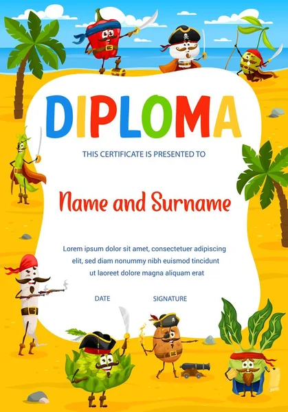 Crianças Diploma Cartoon Piratas Vegetais Corsários Personagens Certificado Vetorial Com — Vetor de Stock