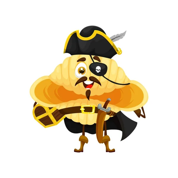 卡通片意大利面团海盗人物 科奇利加勒比队长戴着三角帽 病媒小孩吉祥物 带着黄金宝箱 眼罩骷髅和海盗长剑的科奇利面团 — 图库矢量图片