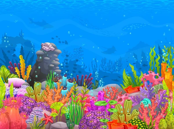 Mercanlar Resifler Deniz Yosunlarıyla Dolu Sualtı Manzarası Çizgi Film Vektör — Stok Vektör