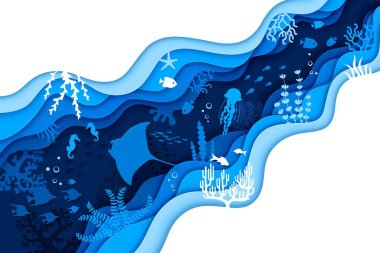 Manta vatozu, balık sürüsü, denizanası ve deniz atı siluetleri mavi deniz kağıdında kesilmiş sualtı manzarası. 3D vektör sükuneti ve büyüleyici sahne dalgalı çerçevede okyanusun derinliklerinde korku ve sükunet
