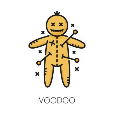 Voodoo büyücülüğü ve sihir ikonu. İğneli mistik kukla oyuncağı. İzole edilmiş vektör afrikalı kabile işareti folkloru, büyücülüğe olan inancı, gücü, korumayı ve doğaüstü güçleri simgeliyor.