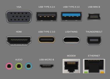 Bağlantı noktaları ve şarj edin. Alet ve elektronik aygıt, laptop, modem ve ethernet için Usb ve vga, hdmi ve ses gerçekçi soketler. Vektör gök gürültüsü, şimşek, mini veya mikro usb buji tipleri