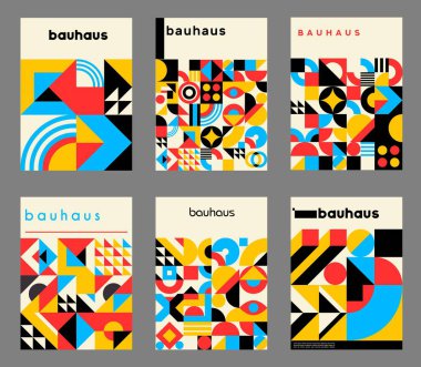 Bauhaus desenli soyut geometrik posterler, vektör minimum modern örtülü arka planlar. Bauhaus posterleri retro şekiller ve basit İsviçre sanatı veya klasik geometrik soyut renk desenleri