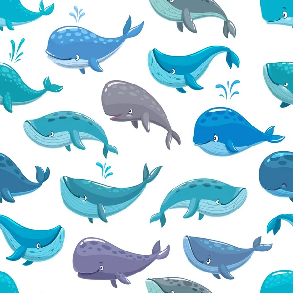 卡通鲸鱼的特征无缝图案 向量重复背景与可爱的水生动物 在白色背景上有喷泉的海洋或海洋生物 纺织品或壁纸海上夏季装饰品 — 图库矢量图片