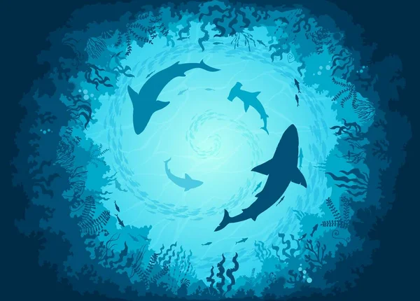 Underwater Sea Landscape Sharks Fish Shoals Bottom View Vector Background — Stock Vector