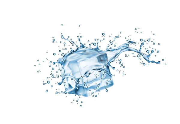 Fluxo Respingo Água Com Cubo Gelo Isolado Vetor Refrescante Revigorante — Vetor de Stock