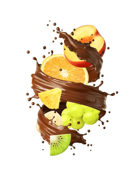 Realistische Schokoladenmilch Wirbel Mit Früchten Dessert Heißgetränk Geschmolzene Schokolade Fließen — Stockvektor