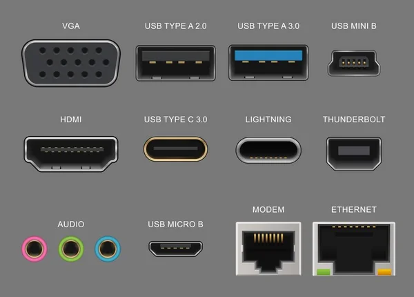 stock vector Connector and charge ports. Usb and vga, hdmi and audio realistic sockets for gadget and electronics device, laptop, modem, ethernet. Vector thunderbolt, lightning, mini or micro usb plug types