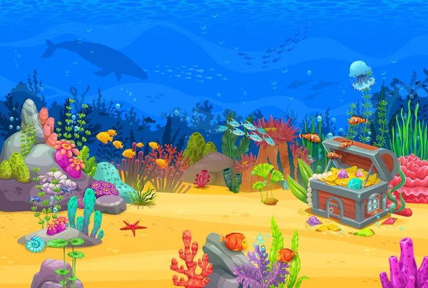 サンゴ礁 隠された戦利品 カラフルな海洋生物と漫画のゲームレベル水中風景 プレイヤーが海の波の下で魅力的な世界を探索することができますベクトル気 — ストックベクタ