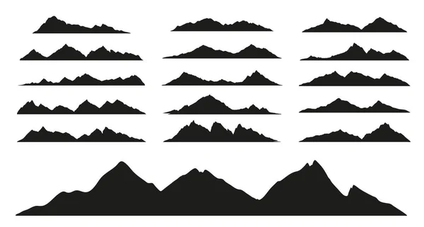山脉的黑色轮廓岩石景观的形状 矢量山和岩石峰图标 山地岩石或峡谷山脉轮廓 用于徒步旅行 露营或爬山 运动和旅行 — 图库矢量图片