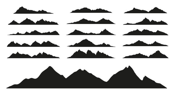 Mountain range black silhouettes of rocky landscape shapes, vector hills and rock peak icons. Mountain rocks or canyon mount range silhouette for hiking, camping tourism or climbing sport and travel
