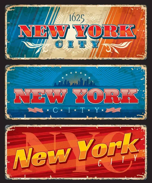 New York City Reisborden Stickers Usa Oriëntatiepunten Vector Grunge Tin — Stockvector
