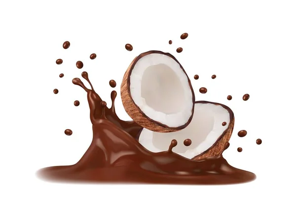 现实的巧克力牛奶 日冕和椰子 现实的3D矢量椰子坚果一半与柔软的白色肉和棕色液体飞溅 含有甜可可可豆 天然产品的孤立热带植物 — 图库矢量图片