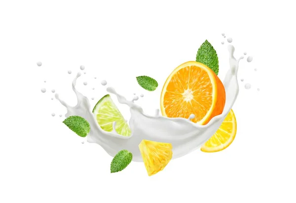 现实的牛奶饮料波涛汹涌 水果鲜美 菠萝和薄荷叶 分离的3D载体白色奶油涡旋 酸奶与新鲜柑橘和热带切片 — 图库矢量图片