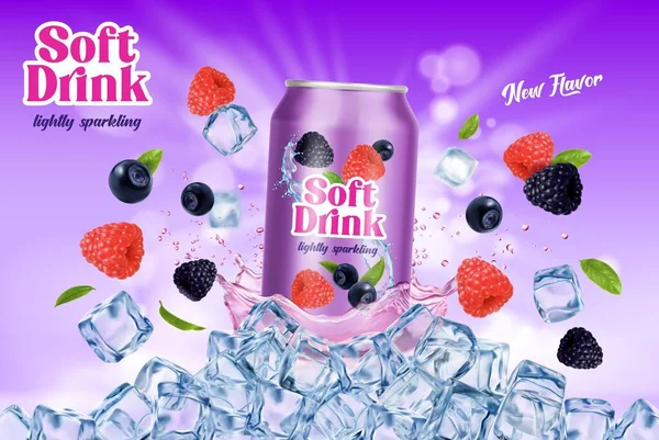 Wild Berries Drink Can Fruit Juice Splash Ice Cubes Vector — Stock Vector