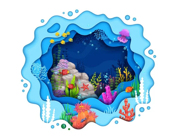 卡通片海纸用鱼群和海藻切割水下景观 异想天开的 生动的场景 捕捉了海浪3D矢量框架内的水下世界生机勃勃的色彩和运动 — 图库矢量图片