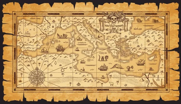 Alte Antike Alte Landkarte Vom Mittelmeer Seeungeheuer Windrose Und Segelschiffskizzen — Stockvektor