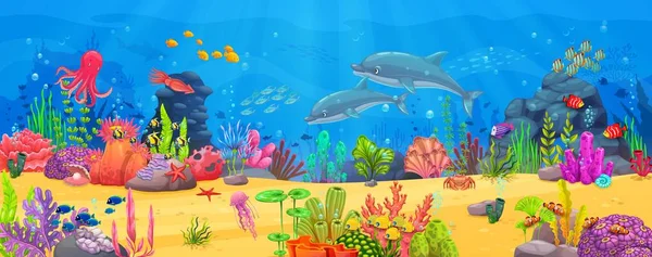 Banner Arcade Nivel Juego Con Animales Marinos Submarinos Algas Marinas — Vector de stock