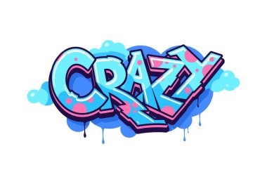 Çılgın grafiti sokak sanatı, şehir tarzı. Mavi ve pembe renkli izole vektör sözcükleri şehir manzaralarına canlı ve keskin bir atmosfer ekler. Sanatçıların yaratıcılığını ve isyankar ruhunu gözler önüne serer.