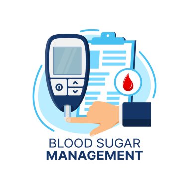 Diyabet, vektör kan şekeri yönetiminin ikonudur. Şeker testi şeridi ve parmağı olan glikometre ya da glukometre, kan damlası ve sağlık kontrolü panosu. Diyabet kontrol veya önleme sembolü