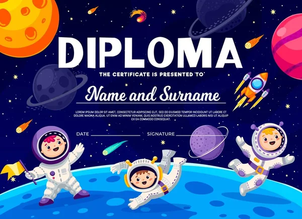 Diploma Astronauta Bambini Ragazzi Dei Cartoni Animati Astronauti Ragazza Sulla — Vettoriale Stock